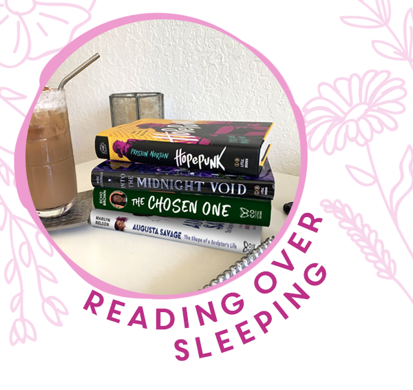 NOVL - Image of pile of books and cup of iced coffee in circle that is titled 'Reading over sleeping'